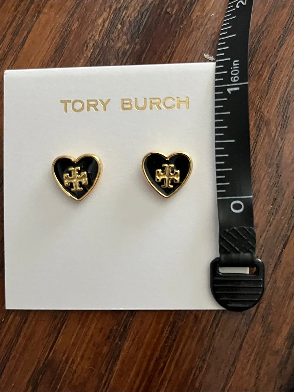 Tory Burch Gold-Tone Heart Logo Earrings with Black Enamel